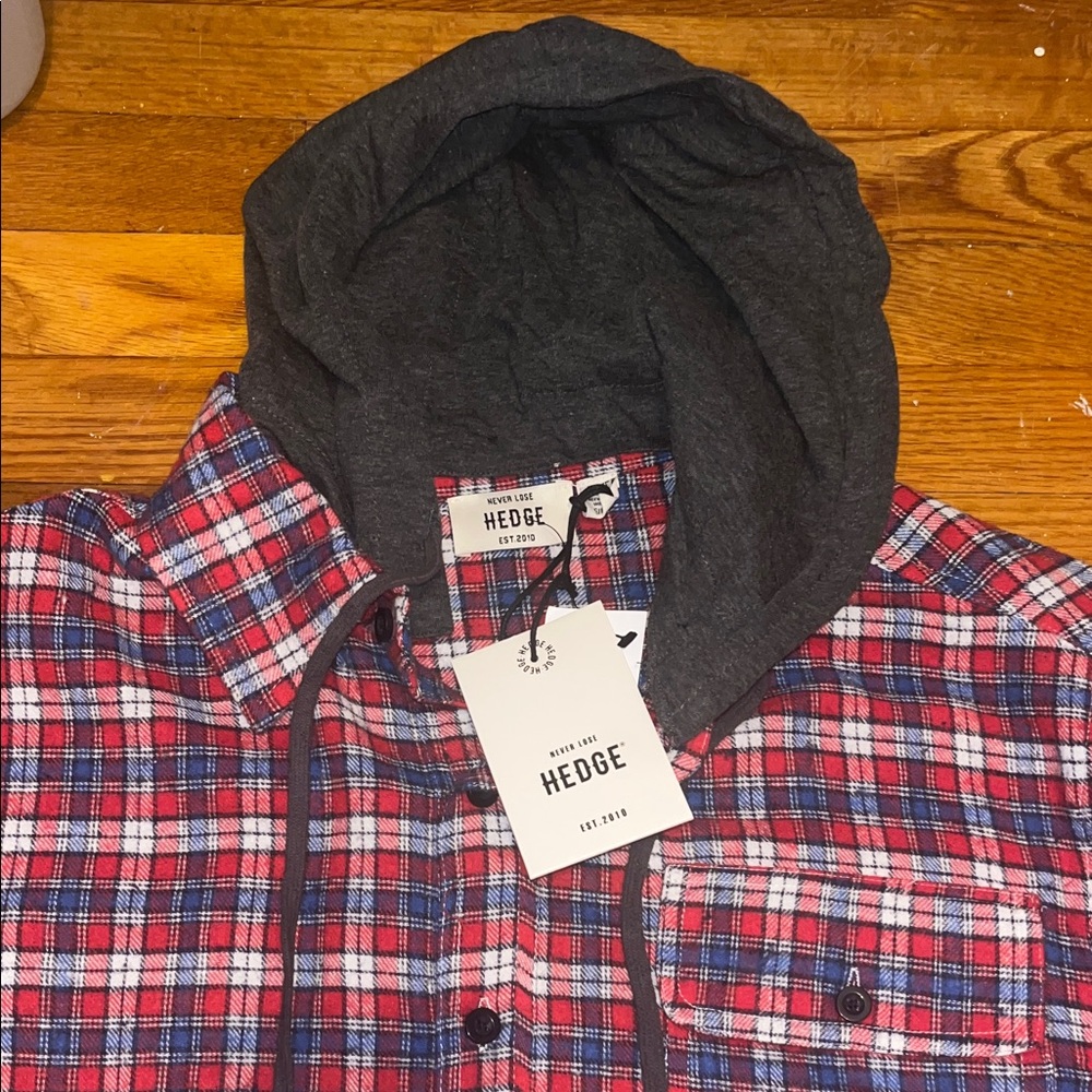 🌷 Hedge Red and Blue Flannel Shirt with Charcoal Hood - Picture 2 of 9